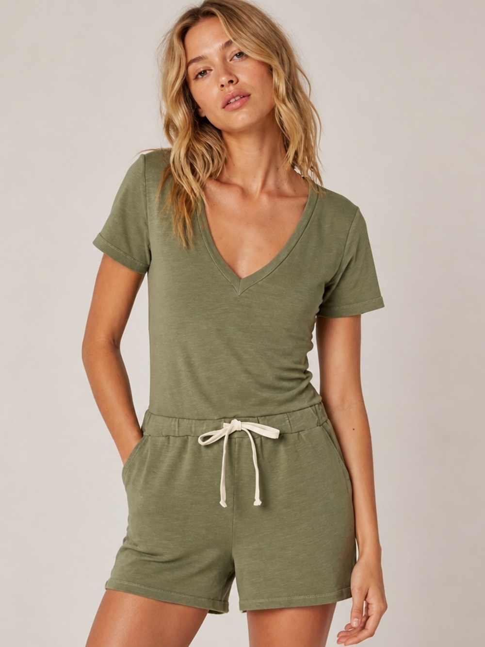 Monrow Supersoft Romper olive green drawstring v-neck romper small